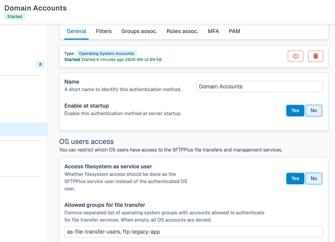 SFTPPlus Operating System Accounts method restricting file transfers to selected domain groups.