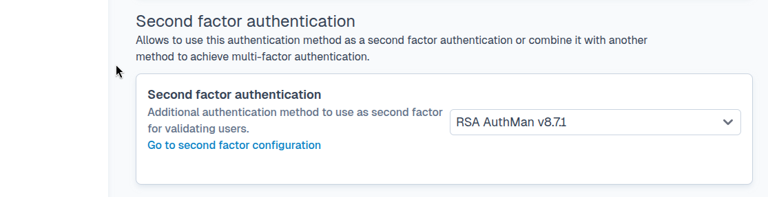 SFTPPlus domain authentication method selecting RSA AuthMan v8.7.1 as its second factor.