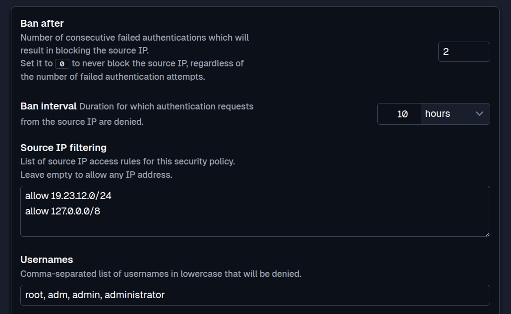 SFTPPlus Web Manager source IP blocking settings in dark mode.