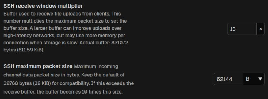 SFTPPlus MFT Web Manager SSH receive window and maximum packet size controls in dark mode.