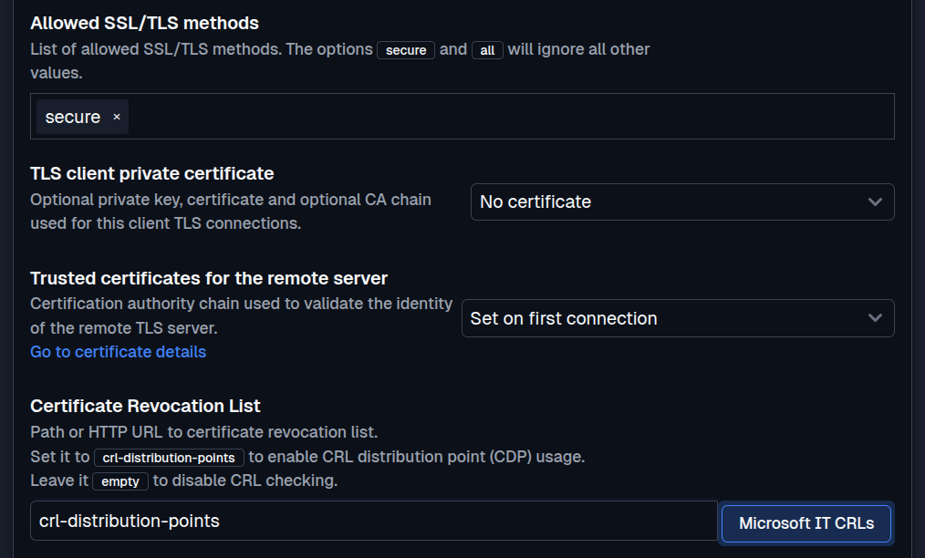 SFTPPlus Web Manager TLS certificate authority and CRL configuration in dark mode.