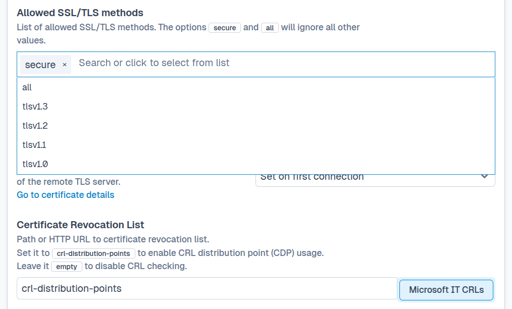 SFTPPlus Web Manager TLS certificate authority and CRL configuration.