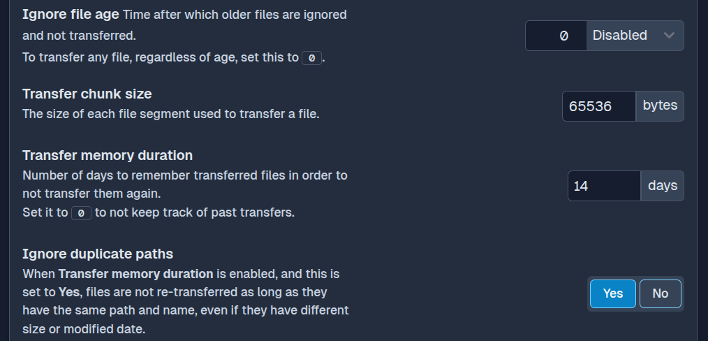 SFTPPlus Web Manager file age and transfer memory configuration in dark mode.