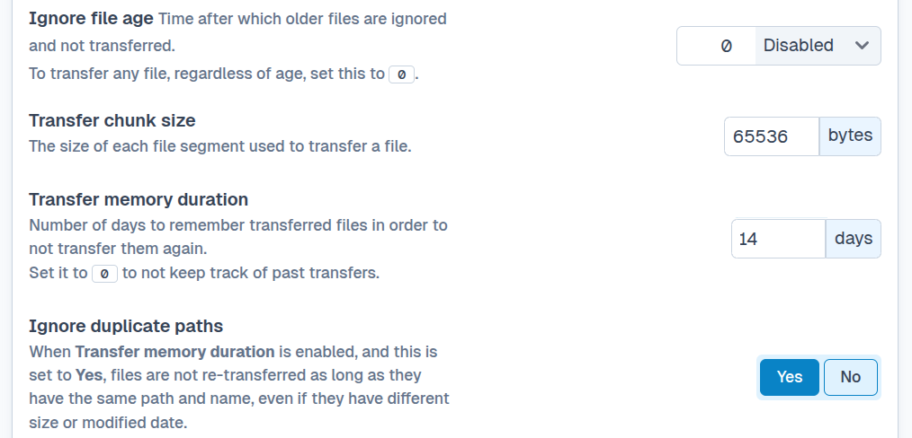 SFTPPlus Web Manager file age and transfer memory configuration.