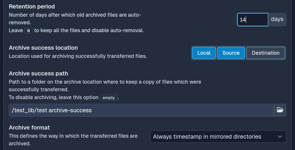 SFTPPlus Web Manager transfer archive configuration in dark mode.