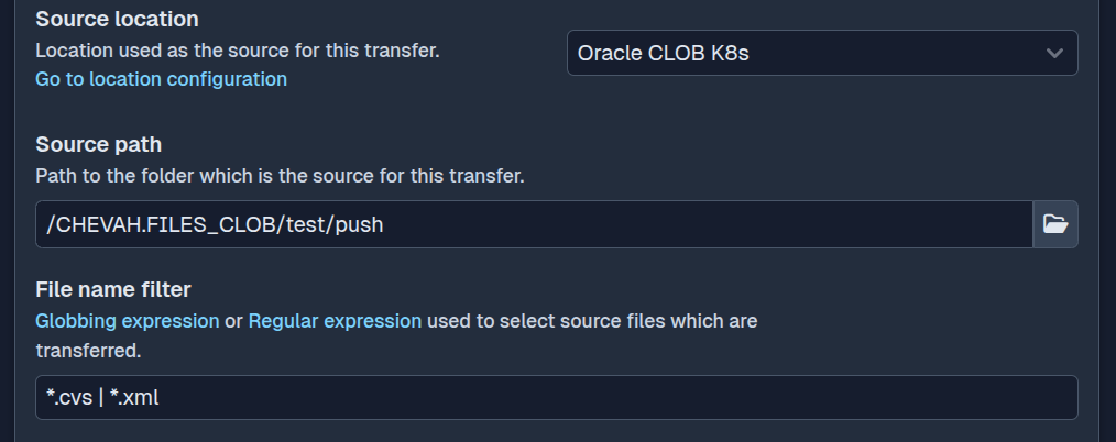SFTPPlus Web Manager source file filter configuration in dark mode.