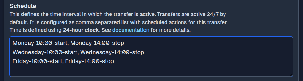 Transfer schedule configuration in SFTPPlus Web Manager dark mode.