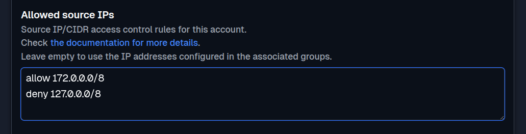 SFTPPlus Web Manager user source IP rules in dark mode.