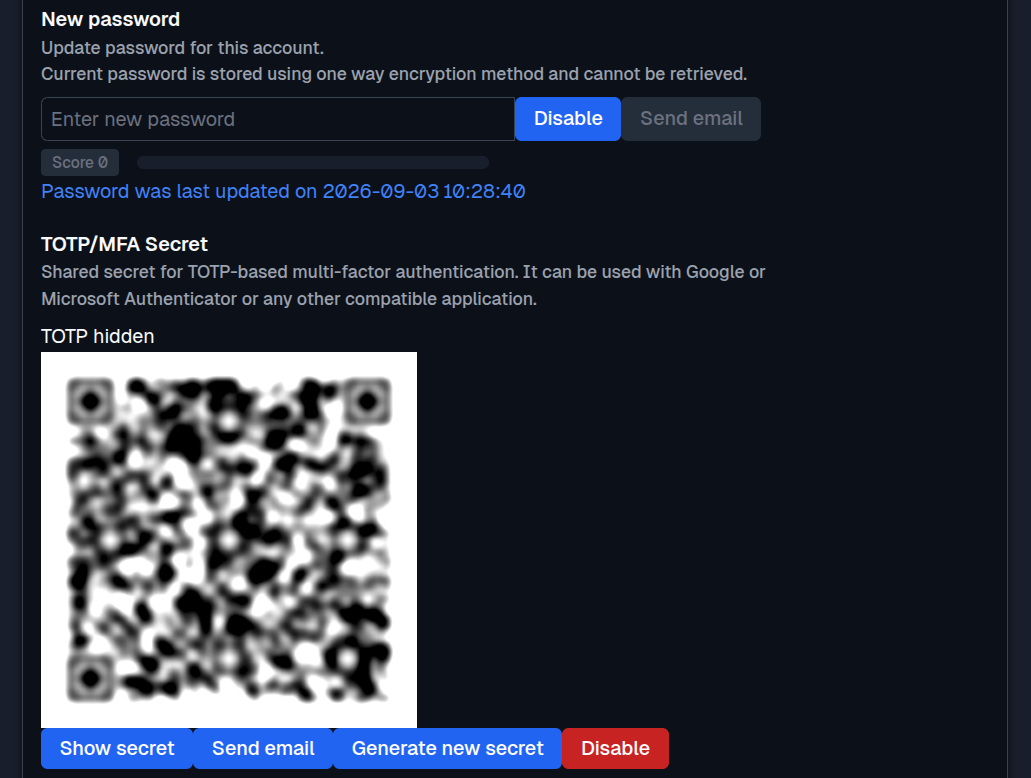 SFTPPlus Web Manager user MFA configuration in dark mode.