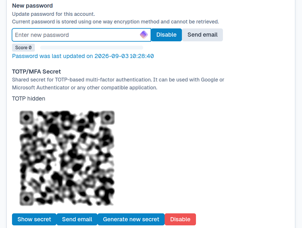 SFTPPlus Web Manager user MFA configuration.