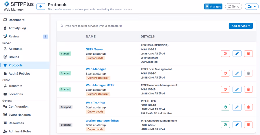 View of Web Manager with services status.