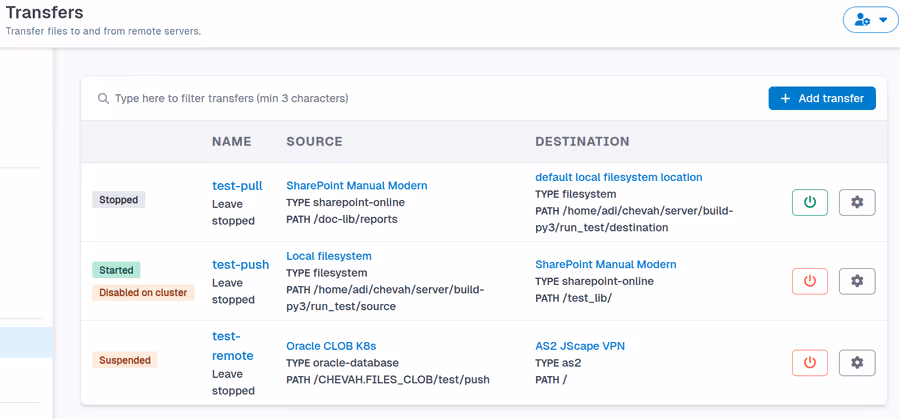 View of transfers config.