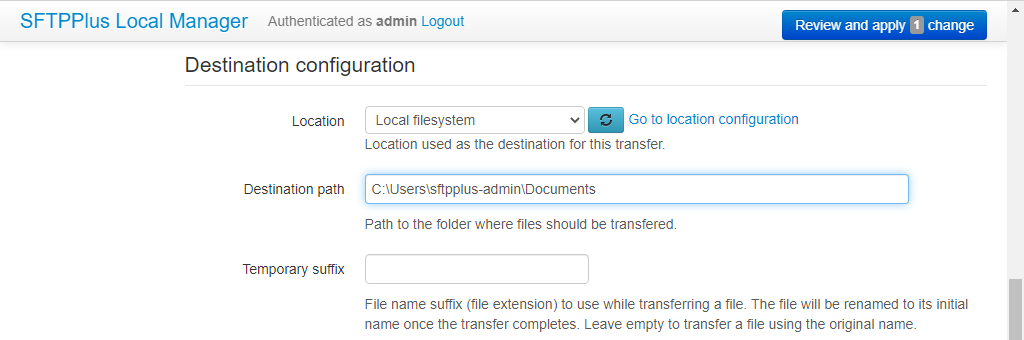 SFTPPlus Transfer Destination Configuration