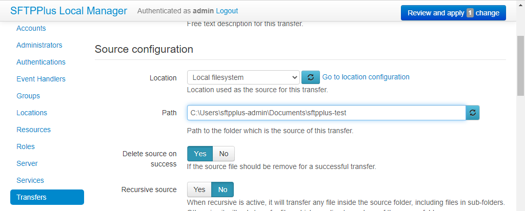 SFTPPlus Transfer Source Configuration