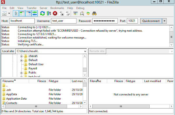 Initial login of the account from Filezilla.