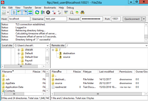 Filezilla presenting the home folder and files in the FTPS server.