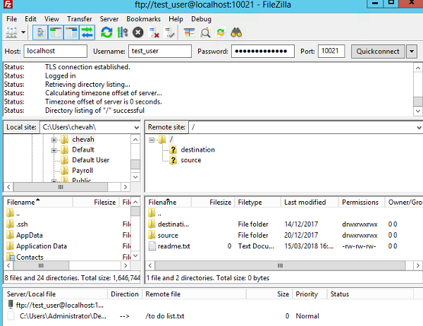 Filezilla drag and drop of files to be uploaded to the FTPS server.