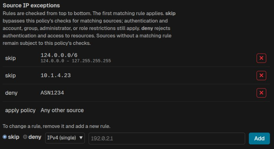 Source IP exceptions in the Web Manager, dark theme