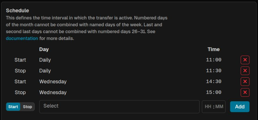 Transfer schedule editor in the Web Manager, dark theme